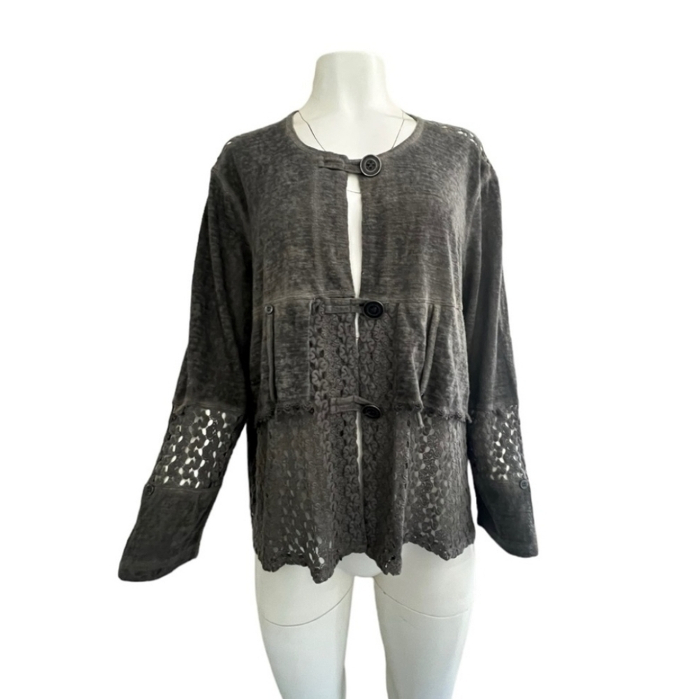 Ali Miles Knit Charcoal Grey Button Up Crochet Cartigan Small Women's